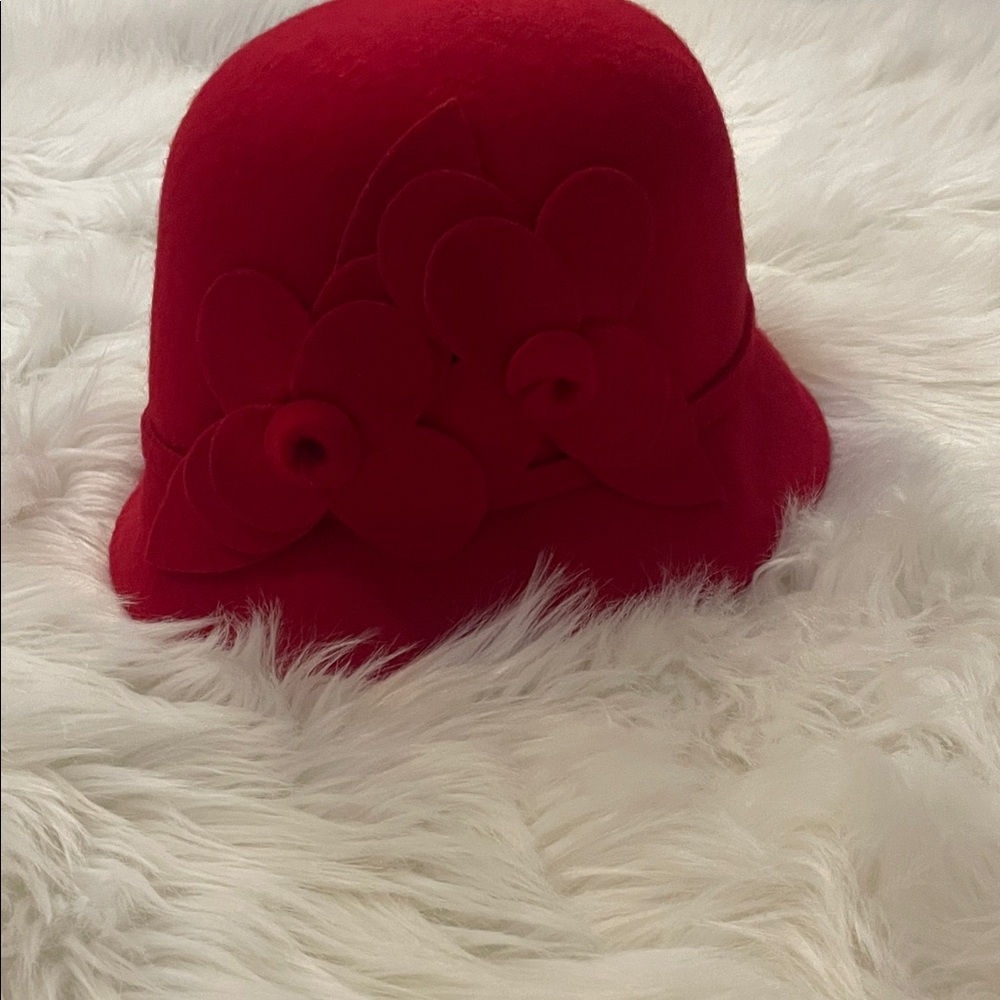 Red Felt Cloche Hat with Floral Appliqué